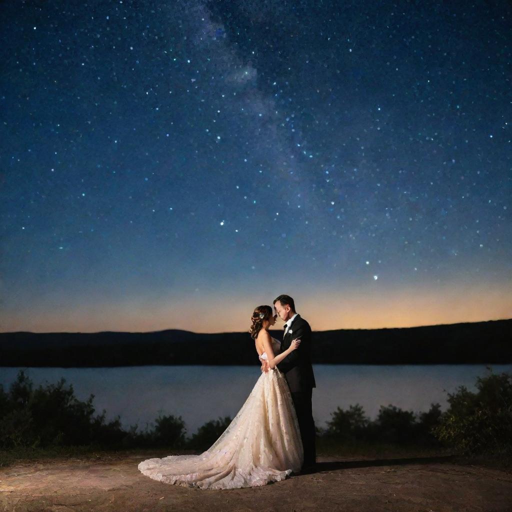 An elegant couple sharing a romantic moment under the shimmering star-filled night sky.