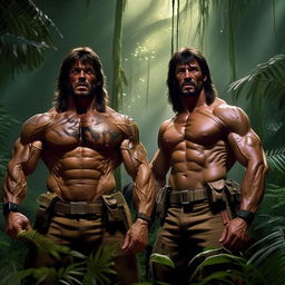 Amplify the previous image with Rambo and Commando now possessing greatly exaggerated muscular physiques showcasing extreme muscle definition and size, making them seem superhuman in their jungle standoff.