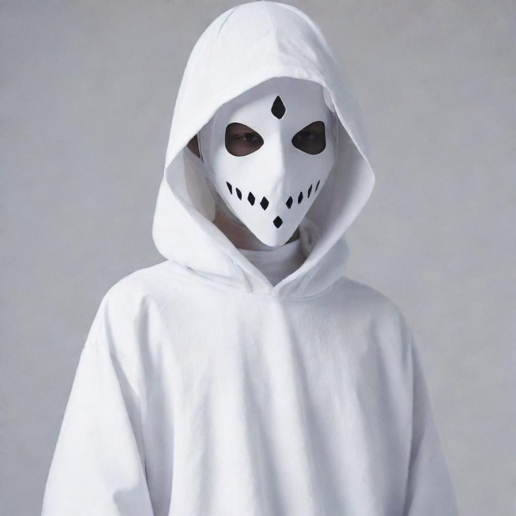 A cool and cute anime boy in a ghost costume, adorned with a rad mask