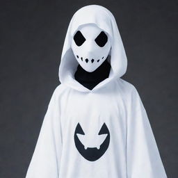 A cool and cute anime boy in a ghost costume, adorned with a rad mask