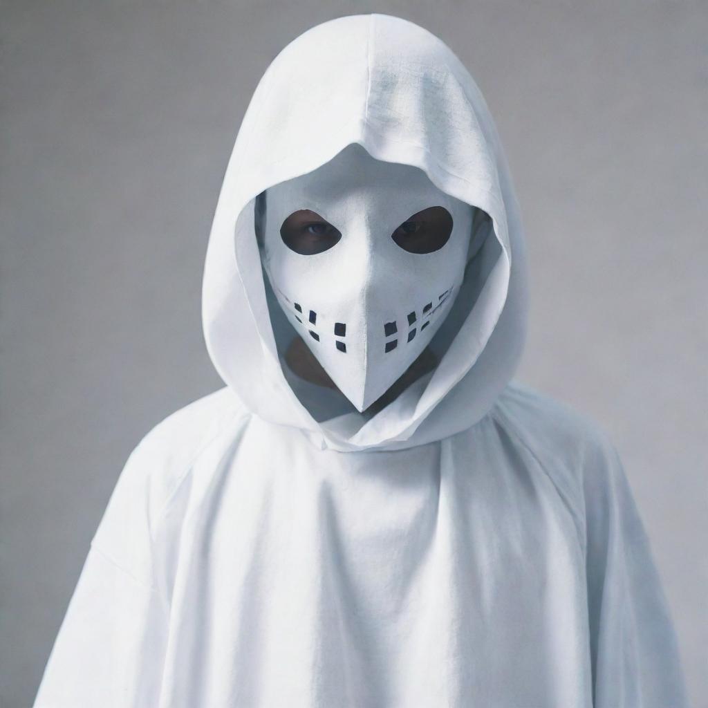 A cool and cute anime boy in a ghost costume, adorned with a rad mask