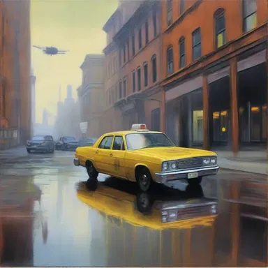 The somber painting depicted a ghostly deadhead taxi against a backdrop of urban decay, capturing the artist's melancholic reflection on the transient nature of modern transportation.
