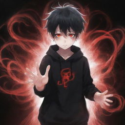 A cool and cute anime boy emanating a ghostly, horror aura, with black and red energy swirling in his hands