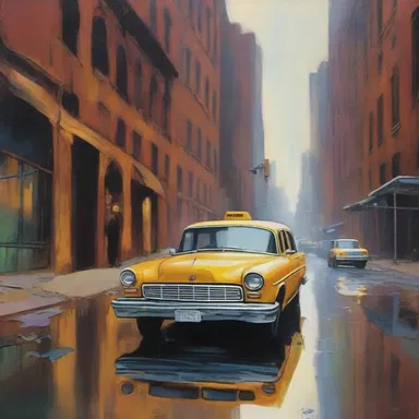 The somber painting depicted a ghostly deadhead taxi against a backdrop of urban decay, capturing the artist's melancholic reflection on the transient nature of modern transportation.