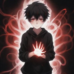 A cool and cute anime boy emanating a ghostly, horror aura, with black and red energy swirling in his hands