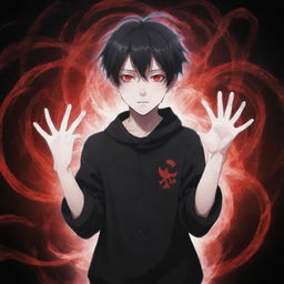 A cool and cute anime boy emanating a ghostly, horror aura, with black and red energy swirling in his hands