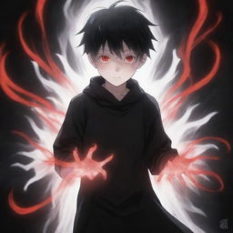 A cool and cute anime boy emanating a ghostly, horror aura, with black and red energy swirling in his hands