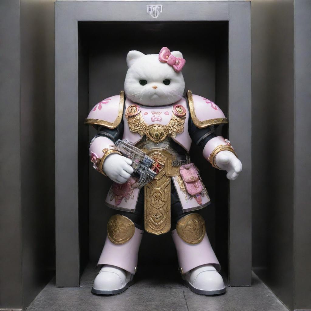 Primarch Alpharius from Warhammer 40k, clad in full battle gear, affectionately holding a cute Hello Kitty plushie in a modern steel elevator