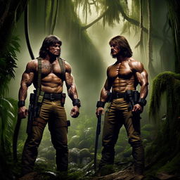 Amplify the previous image with Rambo and Commando now possessing greatly exaggerated muscular physiques showcasing extreme muscle definition and size, making them seem superhuman in their jungle standoff.