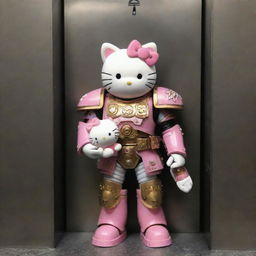 Primarch Alpharius from Warhammer 40k, clad in full battle gear, affectionately holding a cute Hello Kitty plushie in a modern steel elevator