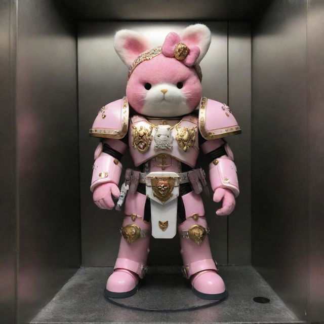 Primarch Alpharius from Warhammer 40k, clad in full battle gear, affectionately holding a cute Hello Kitty plushie in a modern steel elevator