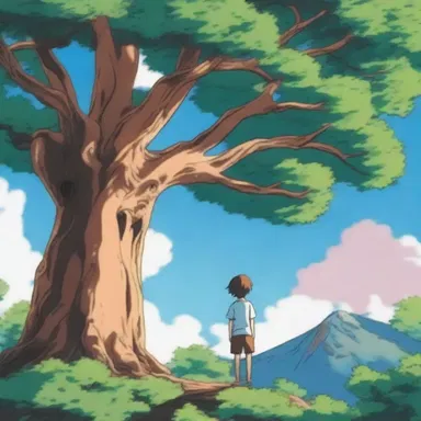In the anime series, the protagonist encounters a magical creature residing in a mystical pencil cedar tree.