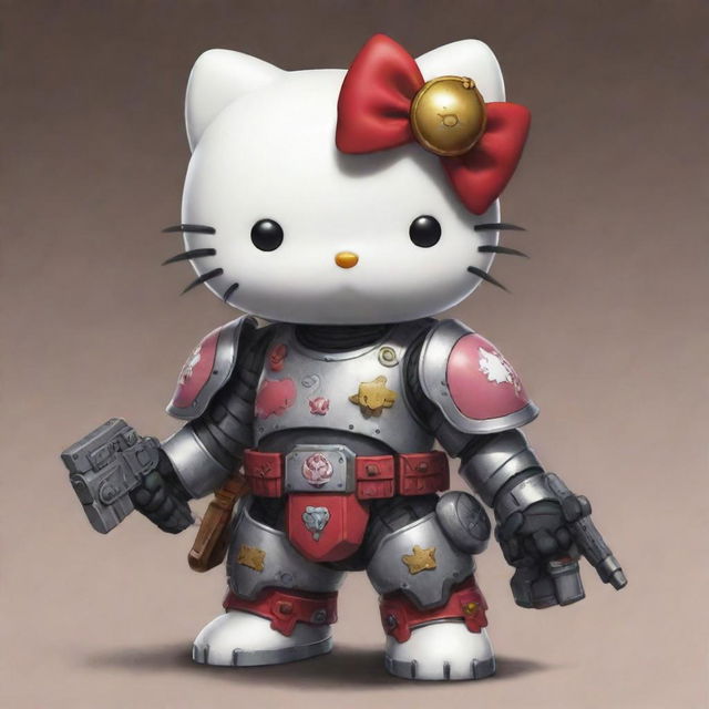 A cute and adorable illustration of Hello Kitty styled in Warhammer 40k armor and gear