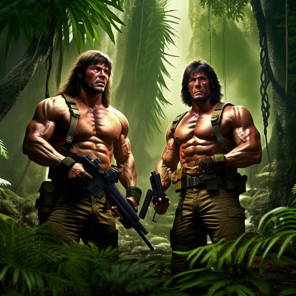 Amplify the previous image with Rambo and Commando now possessing greatly exaggerated muscular physiques showcasing extreme muscle definition and size, making them seem superhuman in their jungle standoff.