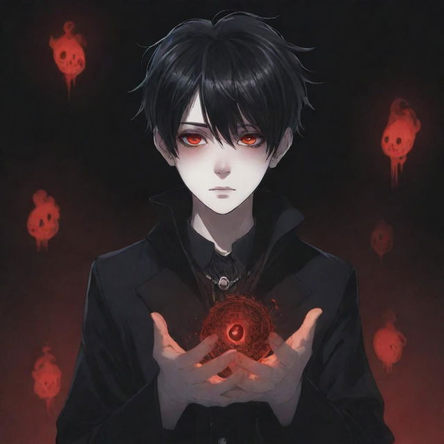 A cool and cute anime boy possessing a gothic, horror aesthetic with black and red magic powers in his hands, stylish hair, rad eyes, and a shadowy ghost in the background