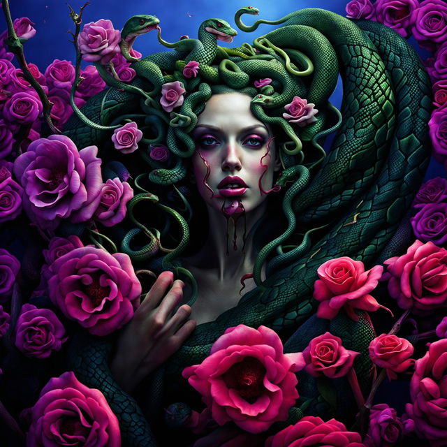 Medusa with olive green snake hair biting into a juicy plum while climbing a blooming magenta rose bush.