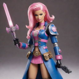 A whimsical depiction of Barbie dressed in Warhammer 40k warrior outfit, bravely holding an energy weapon