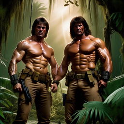 Amplify the previous image with Rambo and Commando now possessing greatly exaggerated muscular physiques showcasing extreme muscle definition and size, making them seem superhuman in their jungle standoff.