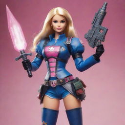 A whimsical depiction of Barbie dressed in Warhammer 40k warrior outfit, bravely holding an energy weapon