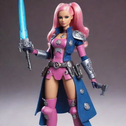 A whimsical depiction of Barbie dressed in Warhammer 40k warrior outfit, bravely holding an energy weapon