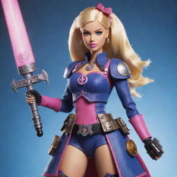 A whimsical depiction of Barbie dressed in Warhammer 40k warrior outfit, bravely holding an energy weapon