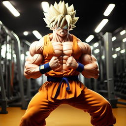 Goku in Gold's Gym flexing his muscles and wearing his traditional orange fighting gi