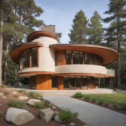 A coastal house with architecture inspired by a seashell and the style of Frank Lloyd Wright, featuring balanced geometries, extensive natural lighting, and organic materials.