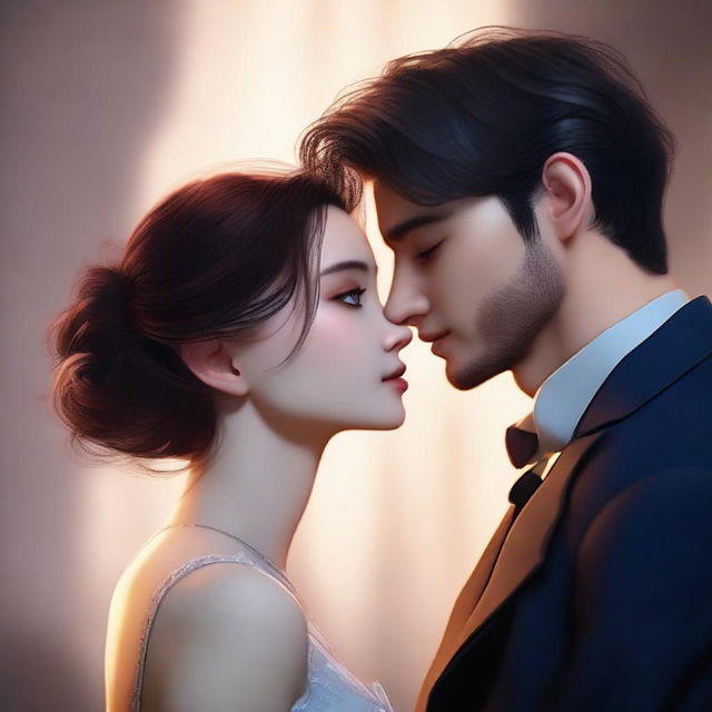 A high-quality digital art image portraying a romantic scene between two characters