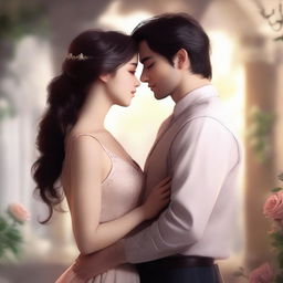 A high-quality digital art image portraying a romantic scene between two characters