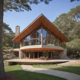 A coastal house with architecture inspired by a seashell and the style of Frank Lloyd Wright, featuring balanced geometries, extensive natural lighting, and organic materials.