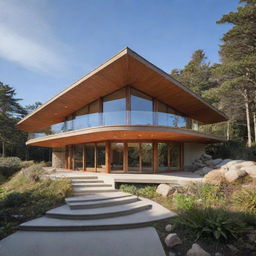 A coastal house with architecture inspired by a seashell and the style of Frank Lloyd Wright, featuring balanced geometries, extensive natural lighting, and organic materials.