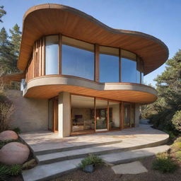 A coastal house with architecture inspired by a seashell and the style of Frank Lloyd Wright, featuring balanced geometries, extensive natural lighting, and organic materials.