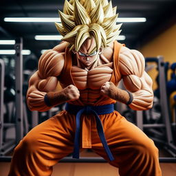 Goku in Gold's Gym flexing his muscles and wearing his traditional orange fighting gi