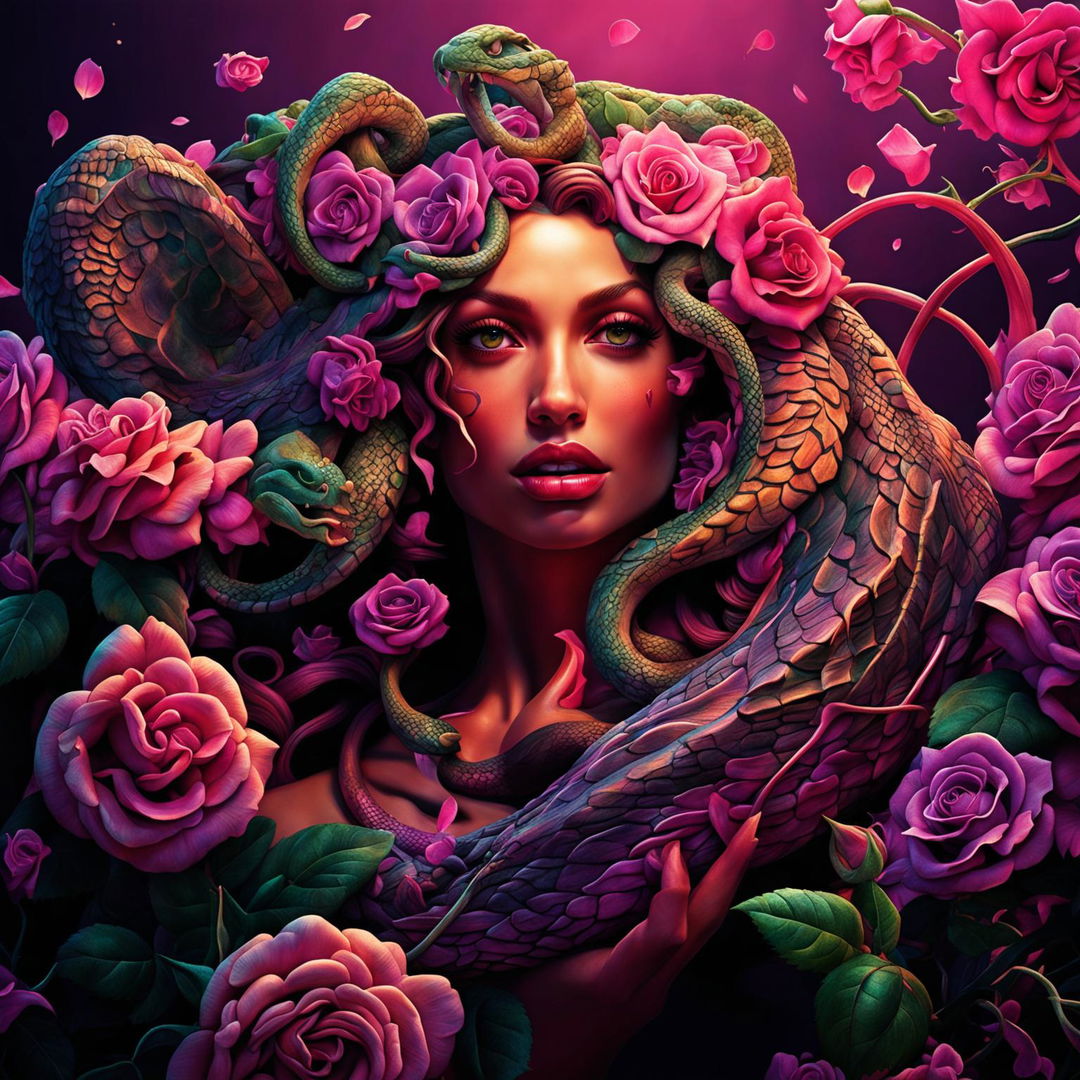 Hyper-realistic Medusa with olive green snake hair, tan skin, and green eyes biting into a plum on a magenta rose bush.