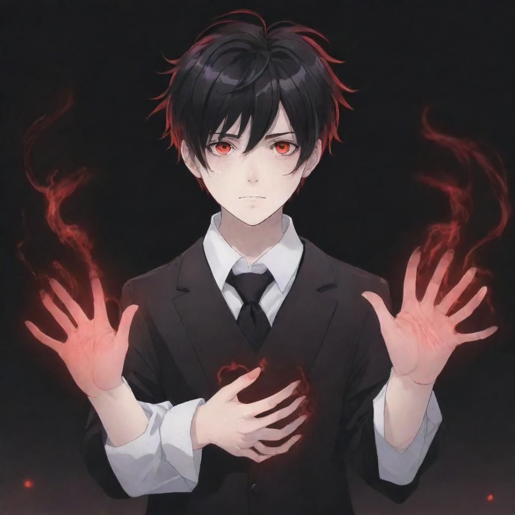 A cool and cute anime boy possessing a ghostly, horror aesthetic with black and red magic powers in his hands, stylish hair, striking eyes, and a phantom in the background