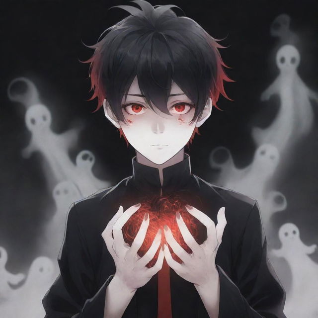 A cool and cute anime boy possessing a ghostly, horror aesthetic with black and red magic powers in his hands, stylish hair, striking eyes, and a phantom in the background