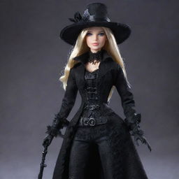 Barbie dressed in attire reminiscent of the gothic, victorian era clothing from the Bloodborne video game, complete with a trick weapon and a hunter's hat