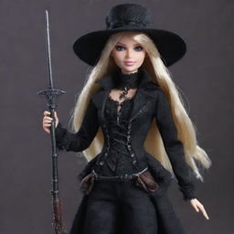 Barbie dressed in attire reminiscent of the gothic, victorian era clothing from the Bloodborne video game, complete with a trick weapon and a hunter's hat