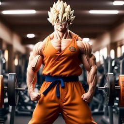 Goku in Gold's Gym flexing his muscles and wearing his traditional orange fighting gi