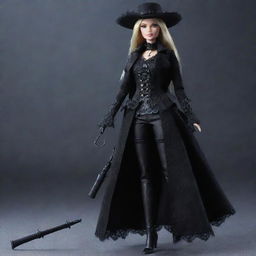 Barbie dressed in attire reminiscent of the gothic, victorian era clothing from the Bloodborne video game, complete with a trick weapon and a hunter's hat