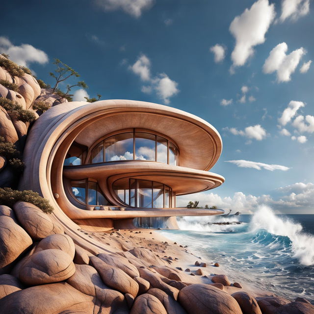 A seashell-inspired house designed in Frank Lloyd Wright's style on a dramatic coastline with crashing waves.