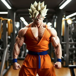 Goku in Gold's Gym flexing his muscles and wearing his traditional orange fighting gi