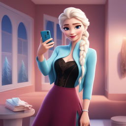 A digital art image of Elsa from Disney's Frozen as a modern-day Instagram influencer