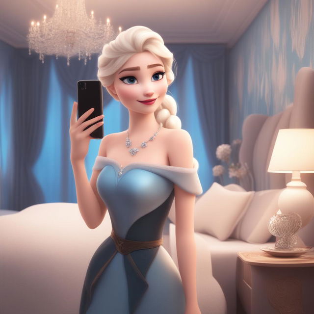 A digital art image of Elsa from Disney's Frozen as a modern-day Instagram influencer