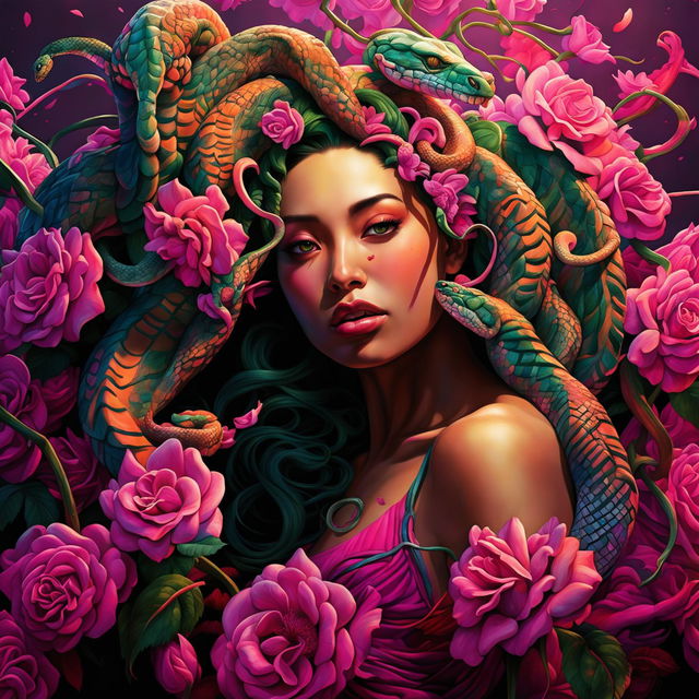 Hyper-realistic image of a mixed-race, Japanese-Middle Eastern Medusa with olive green snake hair, tan skin, and green eyes biting into a plum on a magenta rose bush.