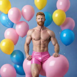 A photorealistic image of a muscular male model with short hair, a ginger beard, and abs, around 40 years old. He is wearing pink latex shorts and a pink crop top, dynamically posing on a curly-haired pink horse surrounded by a multitude of blue, pink, and yellow balloons. A high-definition, full shot with perfect detailing.