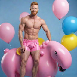 A photorealistic image of a muscular male model with short hair, a ginger beard, and abs, around 40 years old. He is wearing pink latex shorts and a pink crop top, dynamically posing on a curly-haired pink horse surrounded by a multitude of blue, pink, and yellow balloons. A high-definition, full shot with perfect detailing.