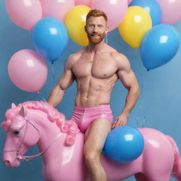 A photorealistic image of a muscular male model with short hair, a ginger beard, and abs, around 40 years old. He is wearing pink latex shorts and a pink crop top, dynamically posing on a curly-haired pink horse surrounded by a multitude of blue, pink, and yellow balloons. A high-definition, full shot with perfect detailing.