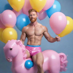 A photorealistic image of a muscular male model with short hair, a ginger beard, and abs, around 40 years old. He is wearing pink latex shorts and a pink crop top, dynamically posing on a curly-haired pink horse surrounded by a multitude of blue, pink, and yellow balloons. A high-definition, full shot with perfect detailing.