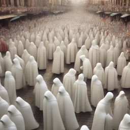 This is a high-quality digital art image in a 16:9 aspect ratio, featuring countless tiny figures donned in white cloaks